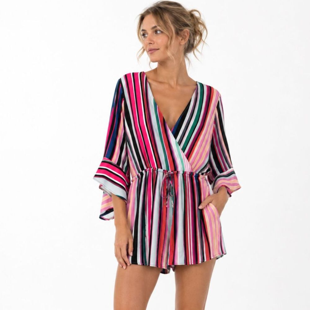 Express Women's Wrap Front Romper Size Large Multi Striped 3/4 Bell Sleeves NWT